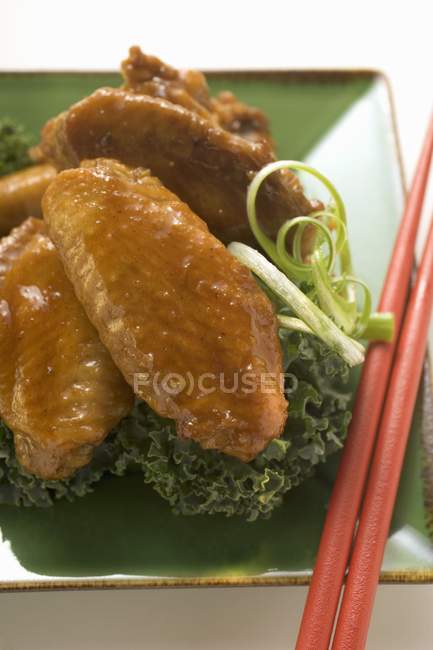 Vista de cerca de las alas de pollo en el plato verde - foto de stock