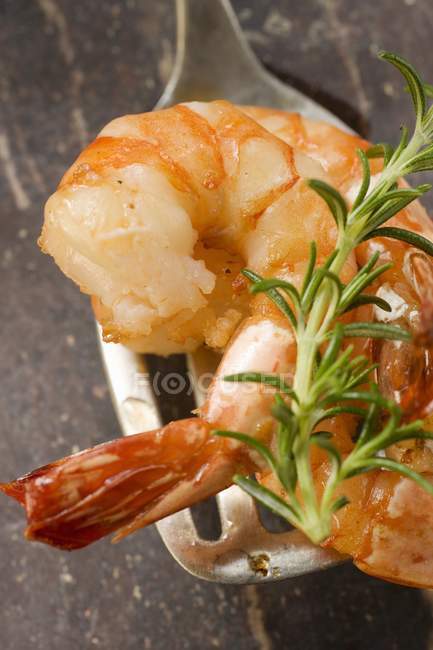 Fried shrimps with rosemary on spatula — Stock Photo