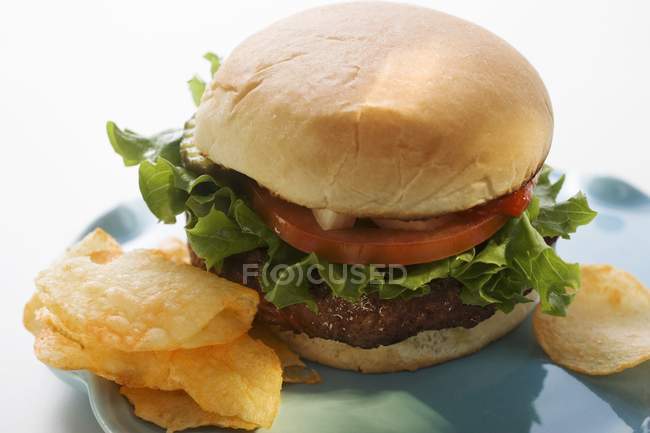 Hamburger à la tomate et chips — Photo de stock