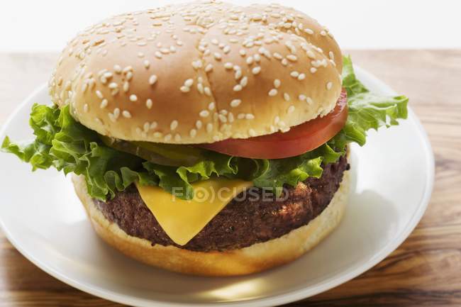 Cheeseburger mit Tomate und Gurke — Stockfoto