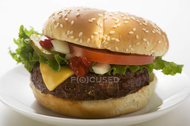 Hambúrguer de queijo com tomate e pepino — Fotografia de Stock