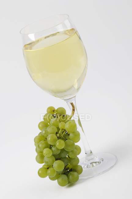 Vino blanco en copa con uvas - foto de stock