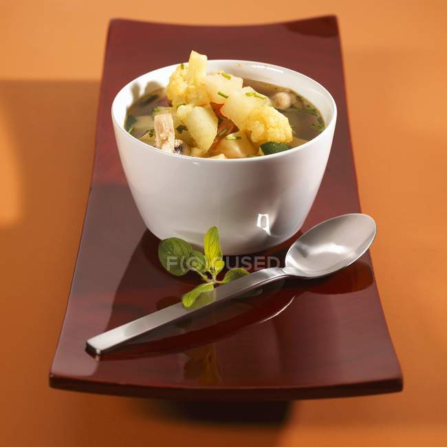 Смешанный овощной суп в белой миске — стоковое фото