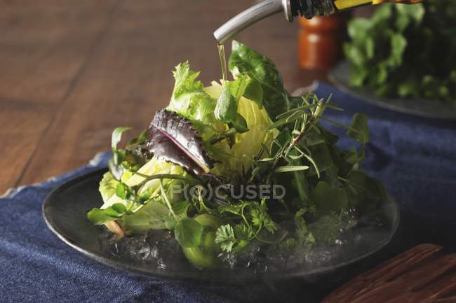 Vista ravvicinata di insalata di lattuga iceberg e olio da versare — Foto stock