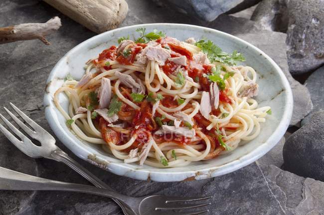 Pasta de espagueti con atún - foto de stock
