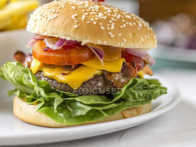 Cheeseburger con pomodori e insalata — Foto stock
