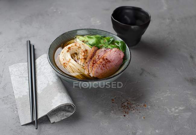 Noodle soup with duck breast — Stock Photo