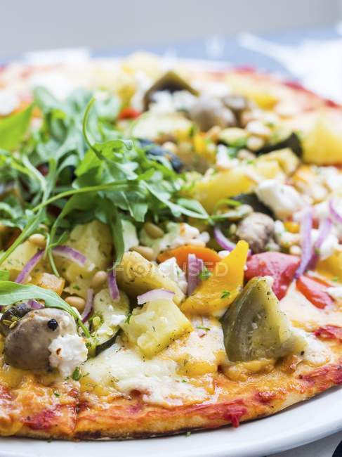 Вегетарианская пицца на тарелке — стоковое фото