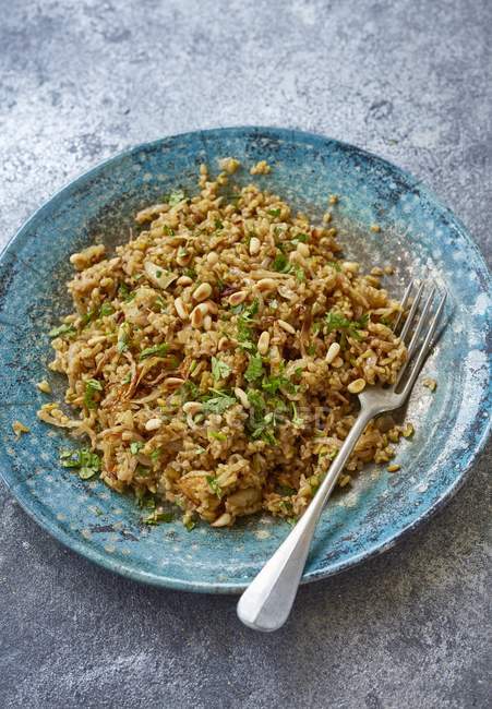 Closeup view of Freekeh pilau with pine nuts and herbs on plate — Stock Photo