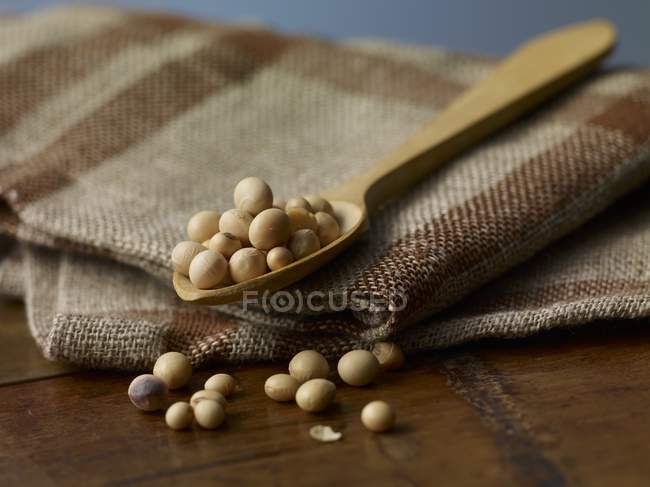Fèves de soja sur cuillère en bois — Photo de stock