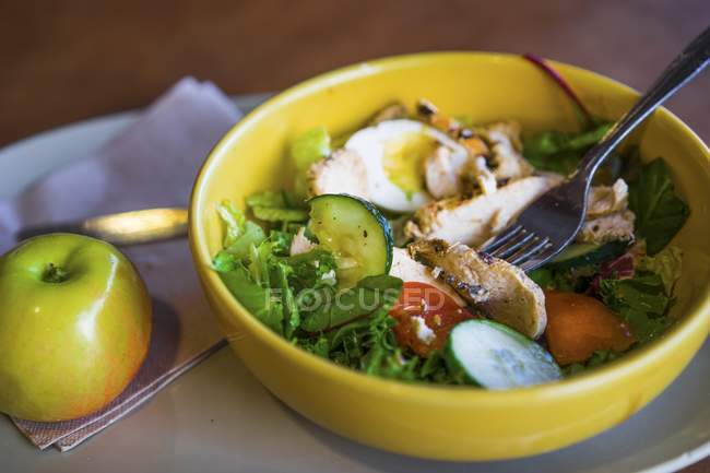 Gemüsesalat mit gegrilltem Huhn in Schüssel — Stockfoto