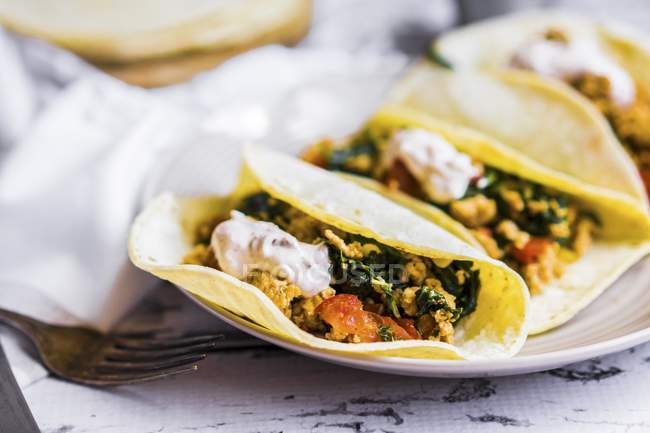 Tacos con pollo e verdure su piatto bianco — Foto stock