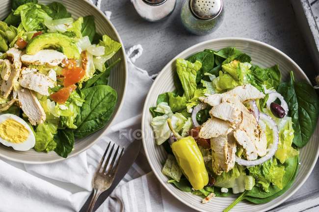 Зеленый салат с курицей на тарелках — стоковое фото