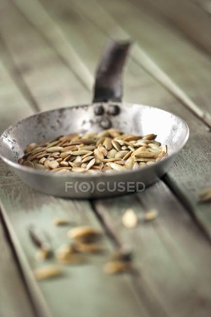Pan of roasted pumpkin seeds — Stock Photo