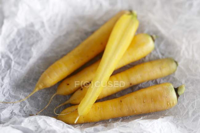Zanahorias amarillas sobre papel - foto de stock