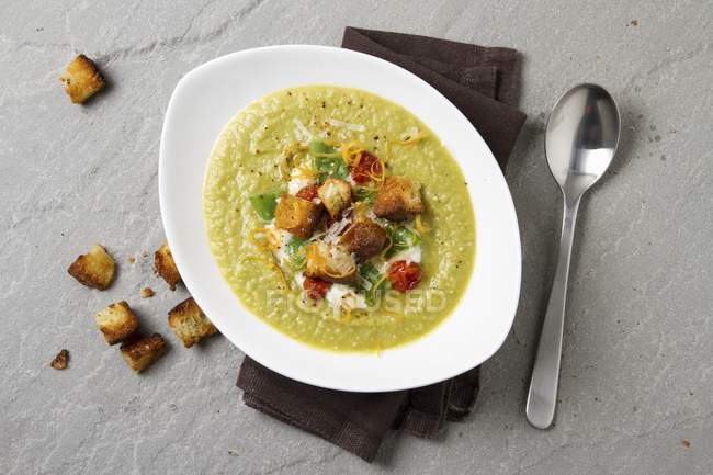 Crema de sopa de verduras con croutons - foto de stock