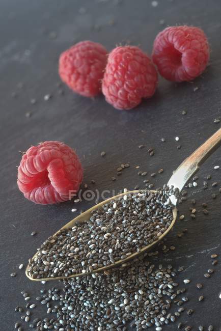 Semillas de chía y frambuesas frescas - foto de stock