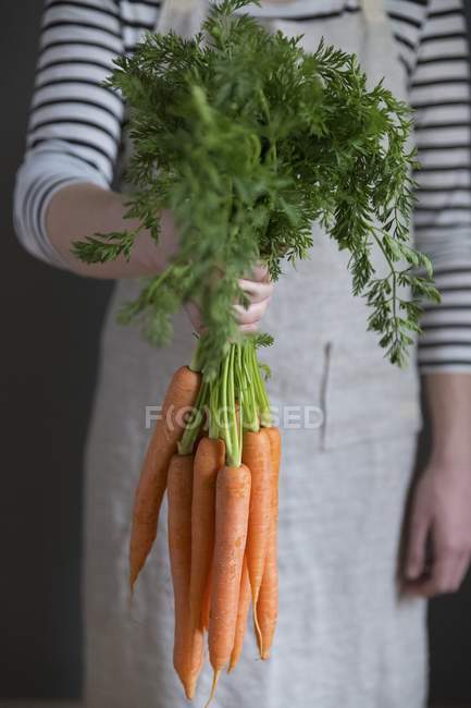 Mujer sosteniendo zanahorias - foto de stock
