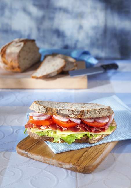 Сэндвич на голубой салфетке — стоковое фото