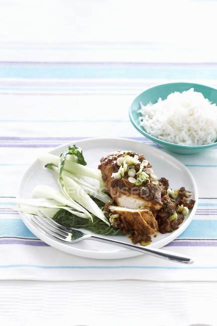 Chicken breast with ketjap sauce and rice — Stock Photo