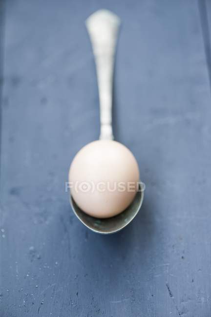 Fresh egg on vintage spoon — Stock Photo