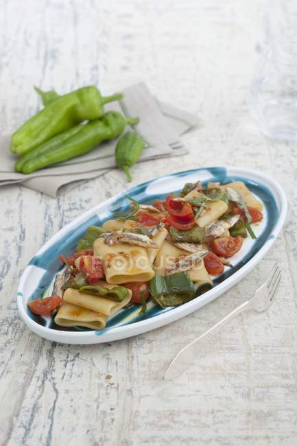 Paccheri wide pasta with anchovies — Stock Photo