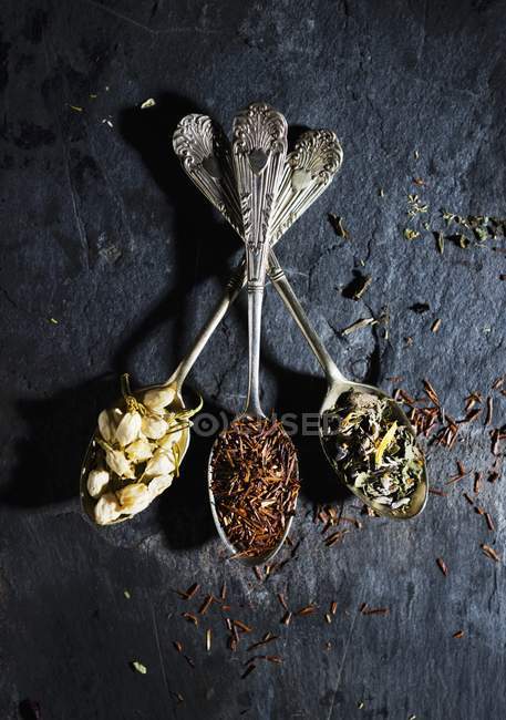 Vue de dessus de différents types de thé sur trois cuillères vintage — Photo de stock
