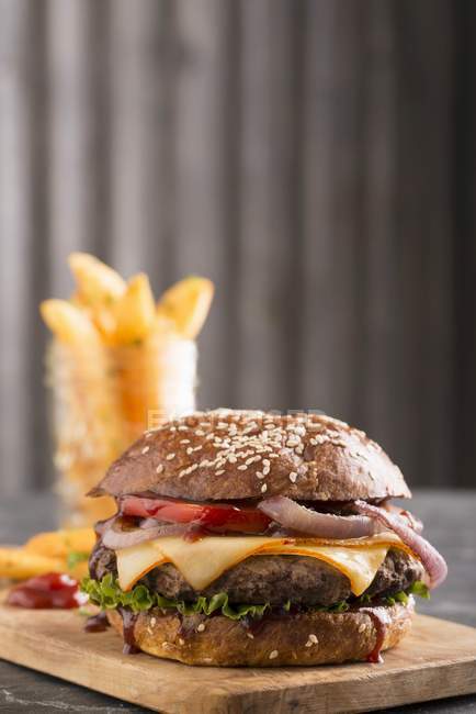 Vollkorn-Cheeseburger mit Pommes — Stockfoto