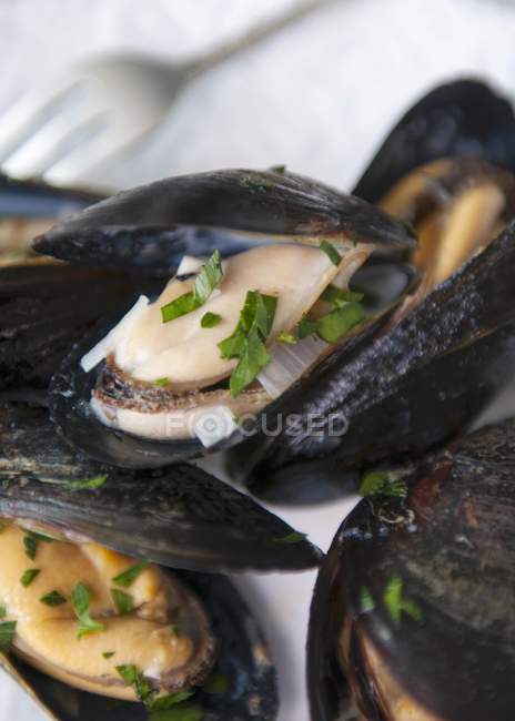 Seamed mussels and fork — Stock Photo
