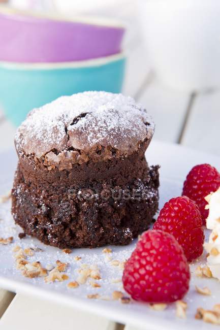 Pastel de chocolate con frambuesas frescas - foto de stock