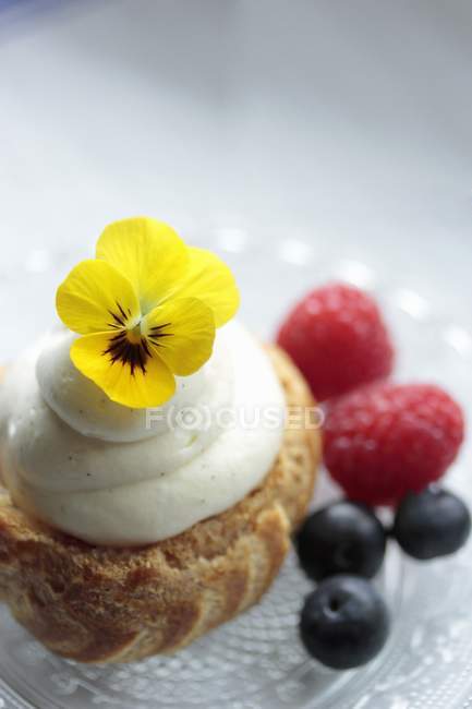 Nahaufnahme der Chouquette mit Vanillecreme, Beeren und essbaren Blumen — Stockfoto