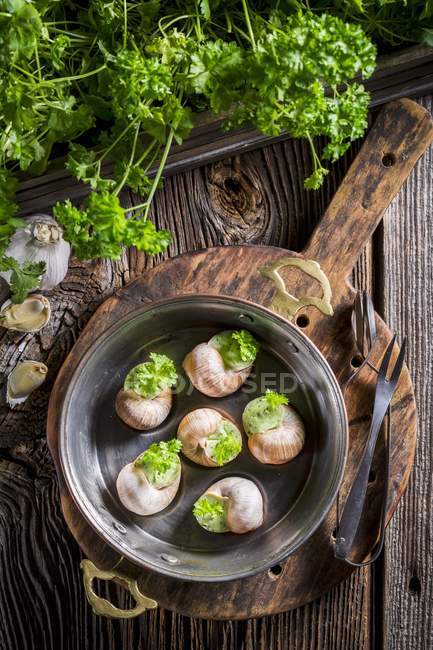 Vue de dessus des escargots avec beurre d'ail et persil — Photo de stock
