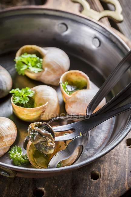 Primo piano vista delle lumache con burro all'aglio e prezzemolo — Foto stock