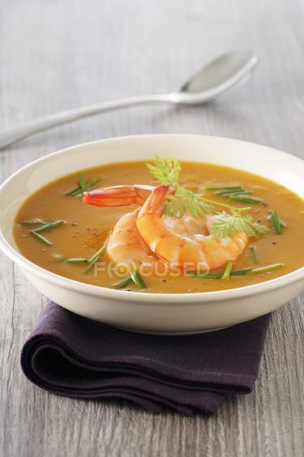 Winter soup with prawns  on white plate over towel — Stock Photo