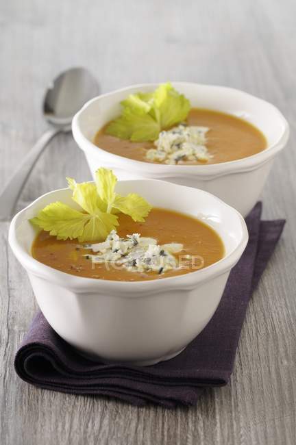 Cream of carrot soup with Roquefort — Stock Photo