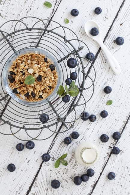 Bowl of muesli with blueberries and mint — Stock Photo