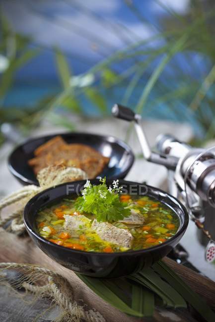 Freshwater fish soup with fresh herbs on black plates — Stock Photo