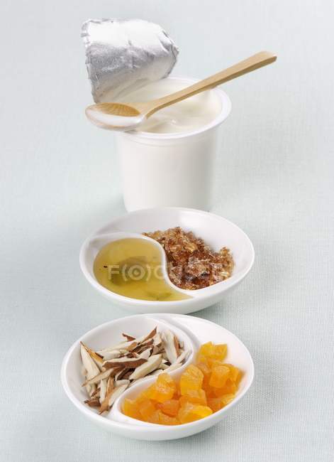Iogurte, mel, açúcar de rocha — Fotografia de Stock