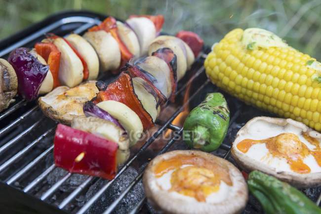 Vegetables and mushrooms on a barbecue outdoors — Stock Photo