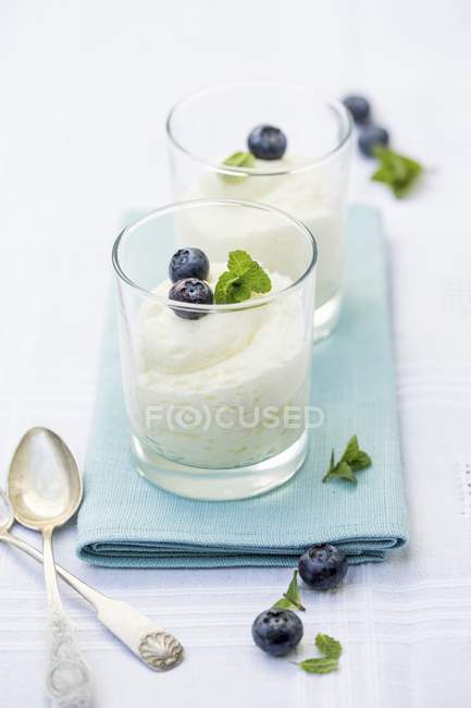 Nahaufnahme von Vanillecreme mit Blaubeeren und Minze — Stockfoto