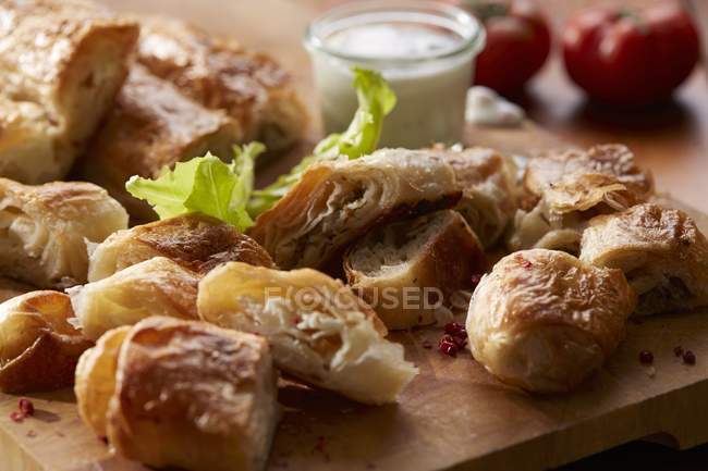 Closeup view of Burek spicy puff pastries — Stock Photo