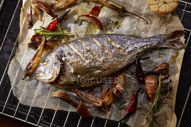 Elevated view of sea bream with vegetables on a cooking grid — Stock Photo