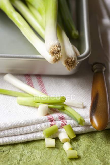 Cipolle primaverili in vassoio — Foto stock