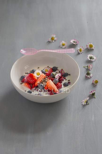 Berries with yoghurt, muesli and cocoa nibs — Stock Photo