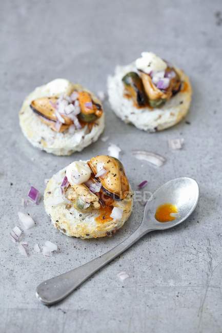 Toasts mit Miesmuschel und roter Zwiebel auf grauer Oberfläche mit Löffel — Stockfoto