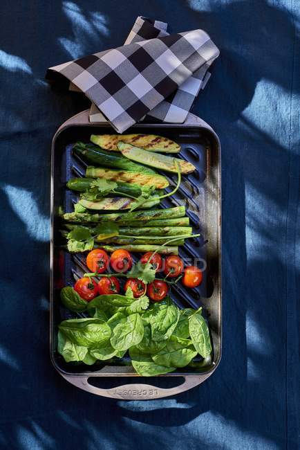 Grilled vegetables on a blue table with tray — Stock Photo