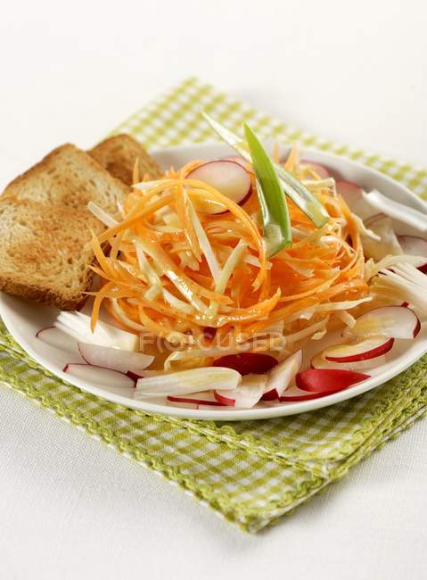 Aipo e salada de cenoura com rabanetes e pão — Fotografia de Stock