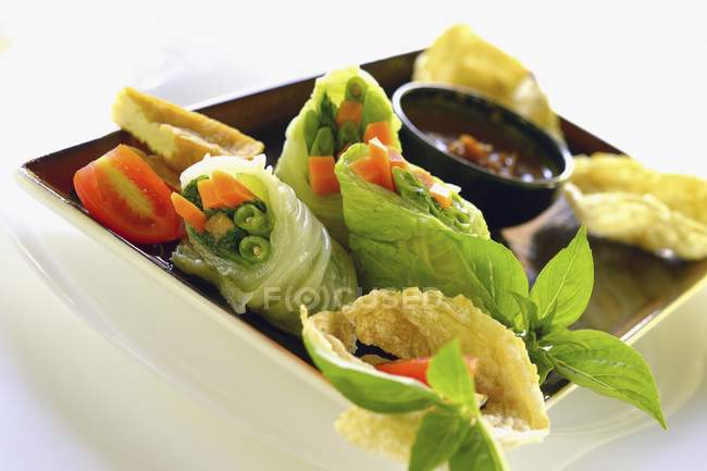 Gado-Gado lettuce rolls on plate on white background — Stock Photo
