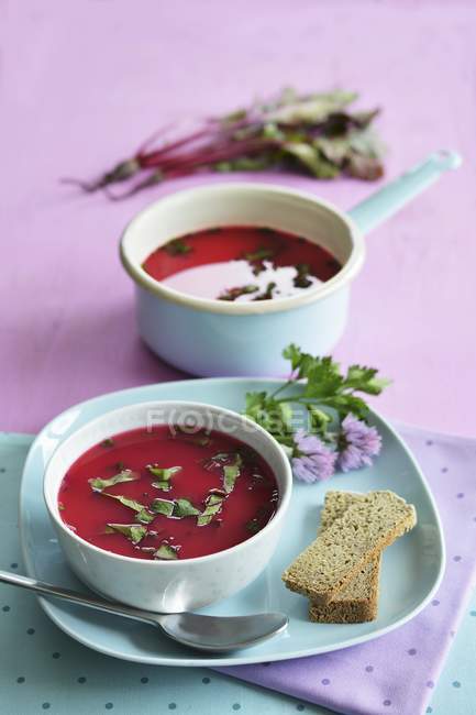 Beetroot soup in bowl and saucepan — Stock Photo