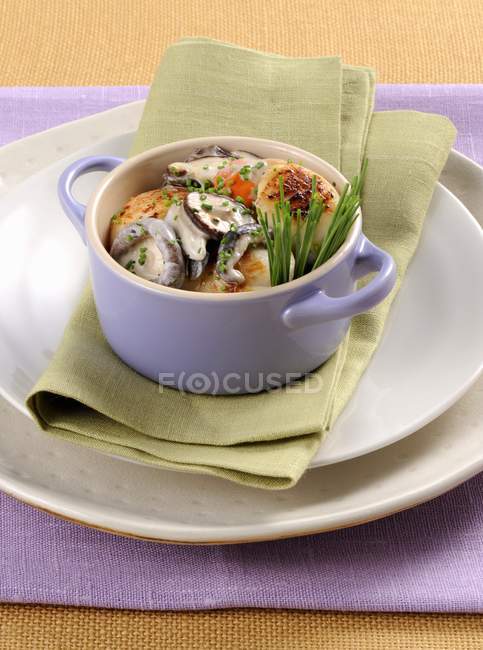 Крупный план гребешков с грибами и луком в соусе — стоковое фото